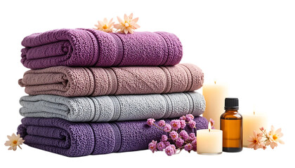 stacked towels candles essential oils decor spa PNG Image