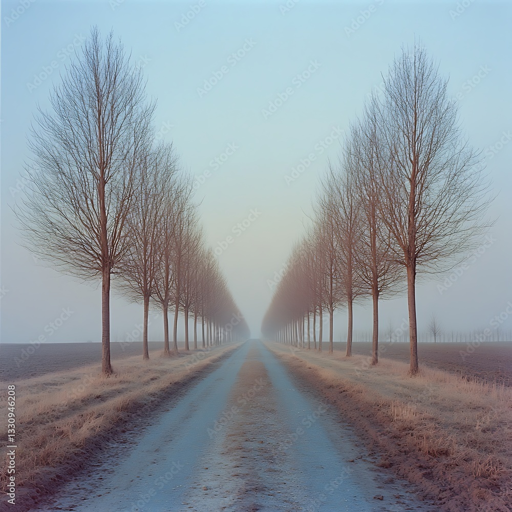 Poster symmetrical tree-lined dirt path extending into the horizon, surrounded by grassy terrain under a cl