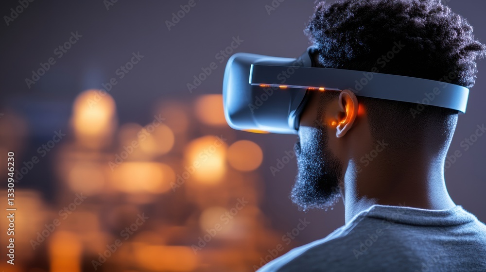 Poster man using virtual reality headset in an immersive environment