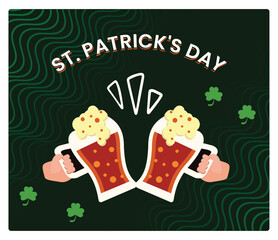 Beer glasses clink in celebration of St. Patrick's Day. Patrick with shamrocks.