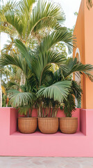 Fototapeta premium Three potted palm trees sit on a pink wall against a backdrop of a vibrant orange building, creating a tropical, minimalist scene perfect for travel, lifestyle, and home decor.