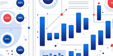 Collection of analytical charts and graphs in blue and red, showcasing data visualization elements for reports, presentations, financial analysis, and business strategy insights

