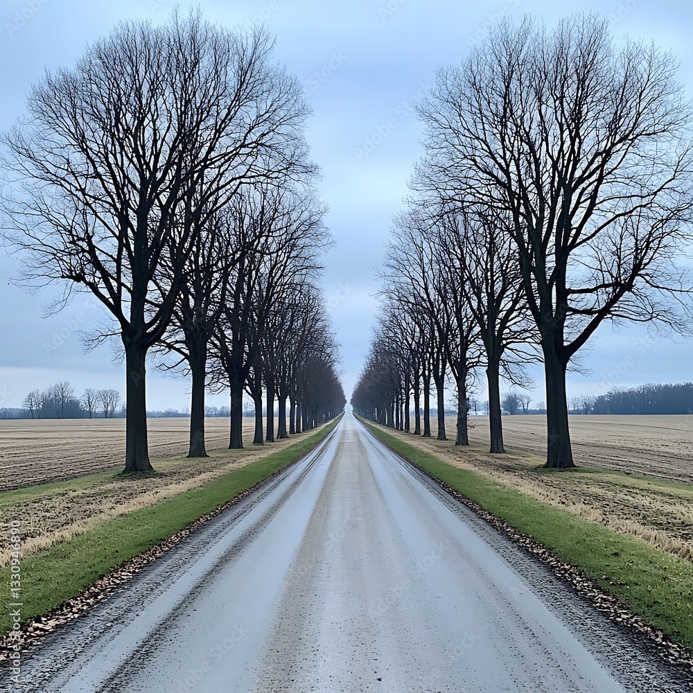 Poster symmetrical tree-lined dirt path extending into the horizon, surrounded by grassy terrain under a cl