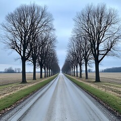 Fototapeta premium Symmetrical tree-lined dirt path extending into the horizon, surrounded by grassy terrain under a cloudy sky. Ideal for travel, nature, tranquility, symmetry, and scenic backgrounds.