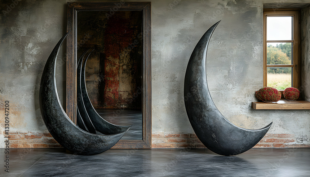 Poster abstract metal sculptures in a rustic interior setting. the crescent-shaped art pieces are displayed