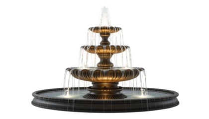 Three tier illuminated fountain with cascading water PNG Image