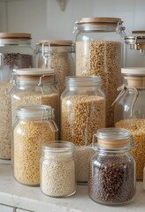 A photo of different types and sizes of glass containers filled with grains, legumes or similar products arranged in an organized way on the kitchen counter.