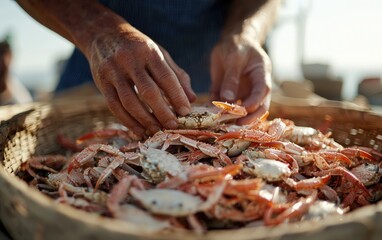 Hands Sorting Fresh Crabs In Wooden Bowl