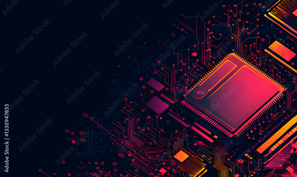 Poster abstract digital artwork depicting a vibrant circuit board with a central processor, showcasing tech