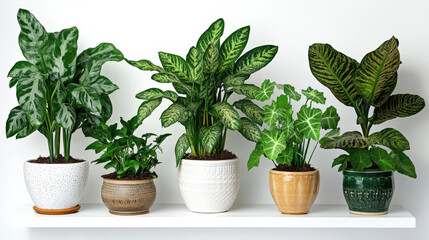 Obraz premium Green plants planted in flowerpots by the wall