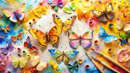 Obraz premium Vibrant butterfly artwork on colorful painted canvas with artist paintbrushes