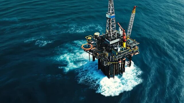 an offshore oil rig with a twilight sky in the background