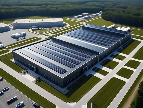 Aerial view of contemporary warehouse or factory building featuring a full solar panel roof installation surrounded by lush greenery, representing eco-friendly industrial design


