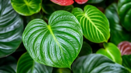 Close-up vibrant heart-shaped leaves, tropical greenhouse setting