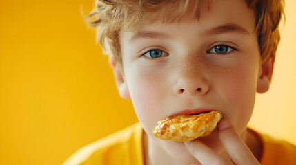 Delightful moment captured, a young boy savoring a sweet treat against a vibrant yellow backdrop