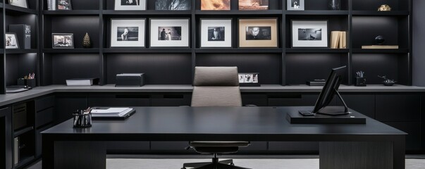 A modern and sophisticated home office with dark shelving and desk