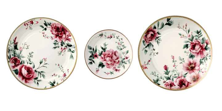 Stylish floral plates, plates and bowls with beautiful flower patterns on a transparent background PNG