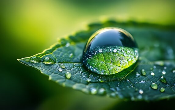 Earth reflected in a water drop on a fresh green leaf, representing water preservation and ecoconsciousness, Earth Day and Water Day theme, highdefinition, ultradetailed textures