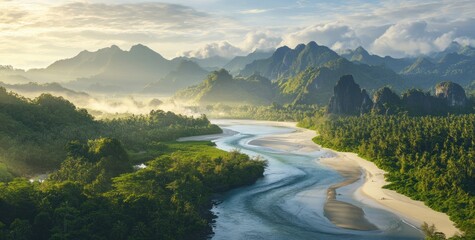 Serene river meanders through lush tropical landscape, sunlight illuminating misty mountains