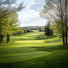 scenic view of golf course with lush green fairways and trees, showcasing peaceful and inviting atmosphere for golfers