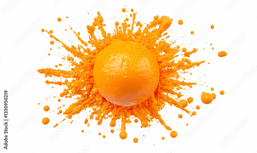 Poster vibrant orange sphere exploding in a dynamic splash of color against a stark white background. perfe