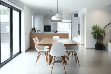 Fototapeta premium A minimalist and modern dining room with a clean and bright aesthetic