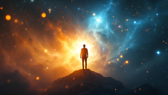 High fashion shot of universe meta human god spirit silhouette on galaxy space background new quality colorful spiritual stock image illustration wallpaper design generative ai- 50