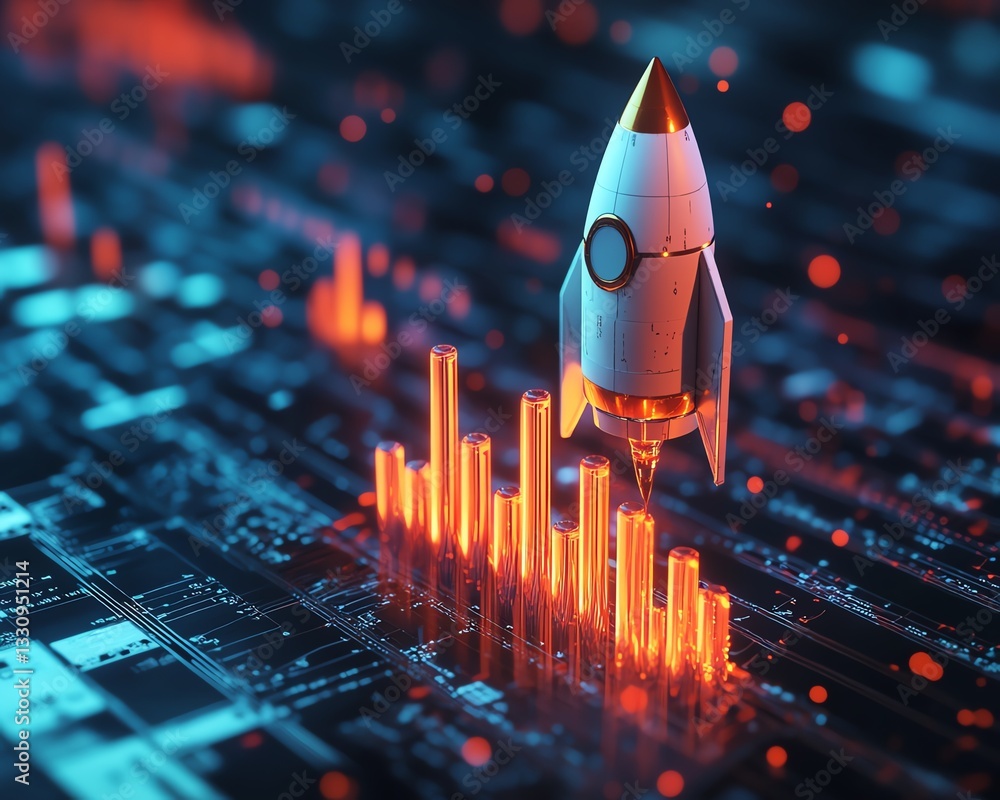 Aufkleber startup business development, rocket ascending alongside growing bar graph, abstract success concept