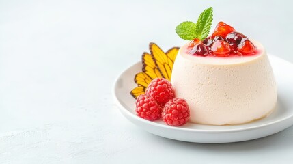 Refreshing dessert featuring panna cotta with fresh fruit and ice cream beautifully plated for a colorful culinary experience