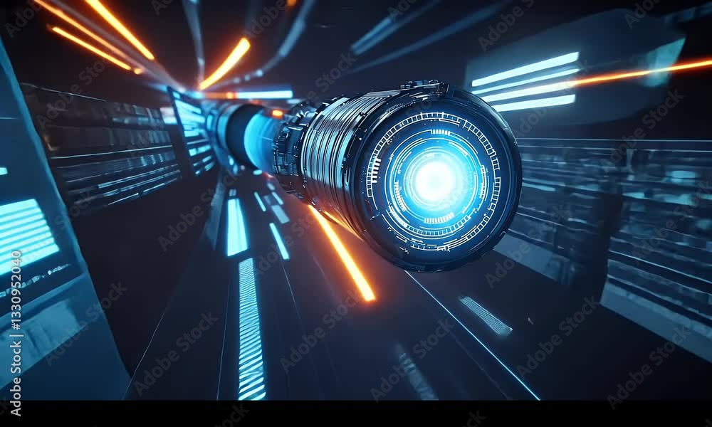 Poster futuristic engine hurtling through a digital tunnel