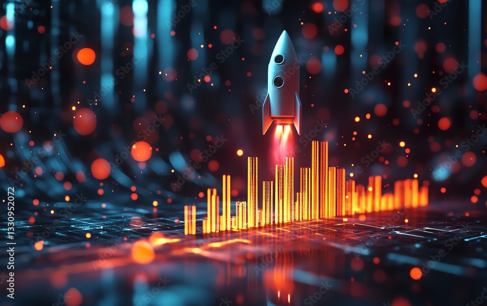 Aufkleber business success strategy, rocket ascending next to growing bar graph, startup development, abstract