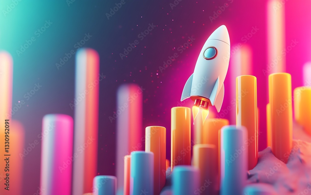 Poster business success strategy, rocket ascending next to growing bar graph, startup development, abstract