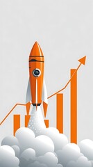 Fototapeta premium Illustration of an orange rocket launching into the sky with rising arrow and bar charts in the background, symbolizing business growth, success, and fast progress in startup development