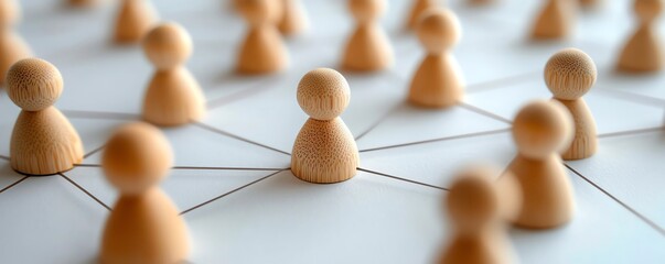 Obraz premium Human resource management network, wooden figures connected by lines, white surface, professional HR strategy concept, detailed corporate look, generative AI