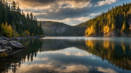 Fototapeta premium Warm Embrace: Reflections of a Calm Lake at Sundown