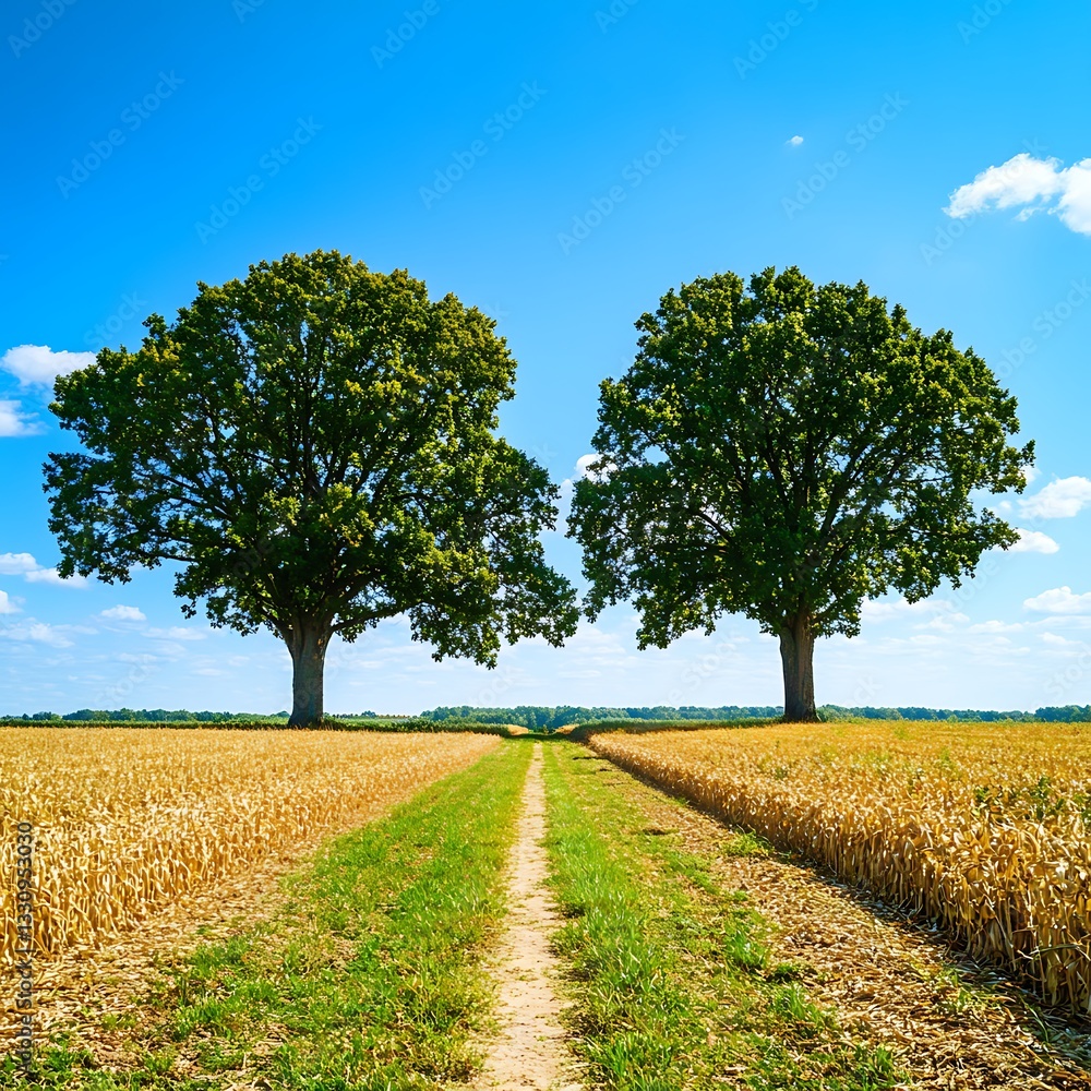 Poster symmetrical rural landscape featuring a dirt path flanked by harvested fields and lined with rows of