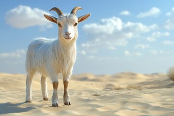 Obraz premium 3D illustration of a cute goat standing in a desert scene with a plain background