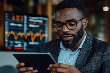 Focused Man Reviewing Stock Market Data on Tablet