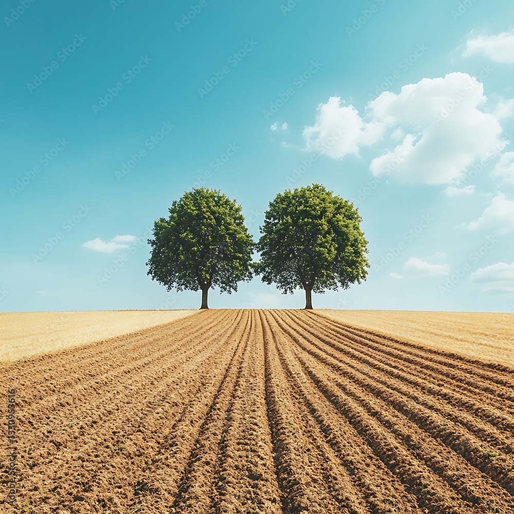 Poster symmetrical rural landscape featuring a dirt path flanked by harvested fields and lined with rows of