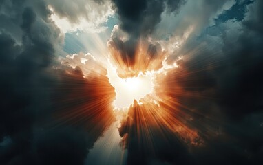 Fototapeta premium Golden Sun Rays Through Heart Shaped Clouds at Sunset