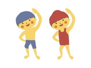 プール開き、水泳前に体操をする生徒