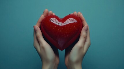 Fototapeta premium Hands holding a red heart with a crack, symbolizing love and healing.