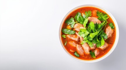 A bowl of spicy isaan-style chicken curry with aromatic spices and fresh ingredients for a flavorful thai delight