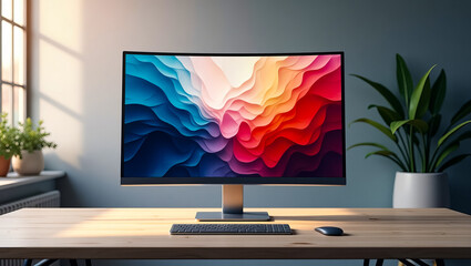 Modern Curved Monitor Desktop Workspace Setup with Vibrant Abstract Wallpaper Design Digital Art Colorful Waves Background Image for Modern Office    