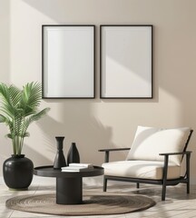 Minimalist living room with a black armchair. a round coffee table. and two empty frames