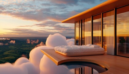 Fototapeta premium Imagine drifting into peaceful slumber upon a cloud-suspended bed, gently swaying amidst the ethereal beauty of a tranquil sky, where dreams intertwine with reality, as sunlight paints the heavens in