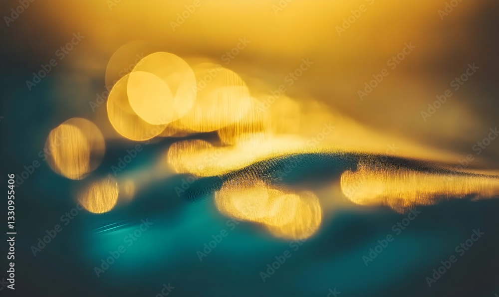 Poster abstract bokeh background with teal and golden hues, featuring blurred lights reflecting on a textur
