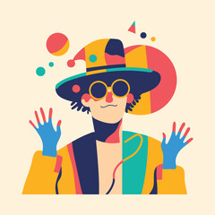 A clown whimsical character dressed in a vibrant yellow coat, blue gloves, and a jester hat celebrates April Fool's Day with a playful wave. The illustration features a flat vector design .