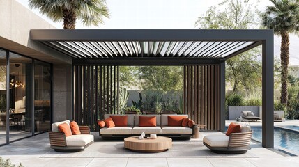 Fototapeta premium Modern Outdoor Lounge Area with Comfortable Seating and Pool View