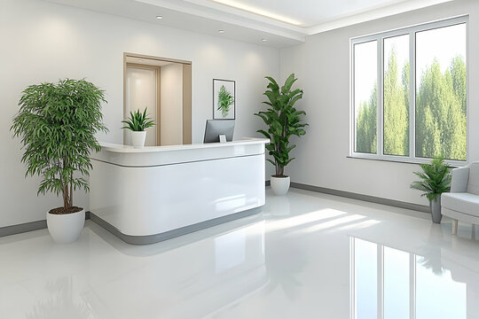 Modern bright white reception area with plants, minimalist design, sleek desk. Ideal for corporate, medical, or dental offices.